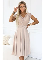 381-7 Éterické šifónové šaty LINDA s čipkovým výstrihom - béžové
