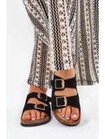 Klapki Damskie Na Korkowej Platformie Ze Złotymi Klamrami Czarne Lisavionea