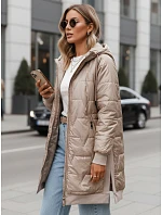 Dlhá dámska prešívaná bunda s kapucňou, béžová, FashionStreet TY5810 Dlhá dámska prešívaná bunda s kapucňou, béžová, FashionStreet TY5810