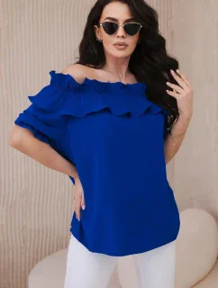 Španielska blúzka s ozdobným volánom v chrpovo modrej farbe