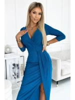 404-4 Dlhé trblietavé šaty s výstrihom a rozparkom na nohách - MARINE s trblietkami