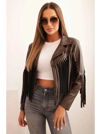 Dámska bunda z ekokože so strapcami v boho štýle, hnedá