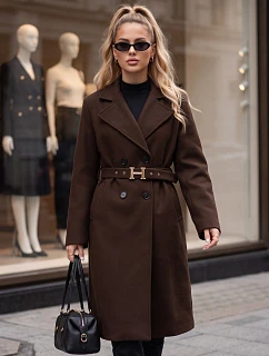 Elegantný dámsky dvojradový kabát s opaskom v čokoládovej farbe FashionStreet NY0789