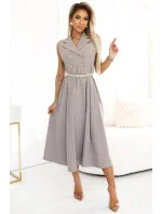 596-2 Elegantná midi košeľa so zlatými gombíkmi a opaskom - GREY BEige
