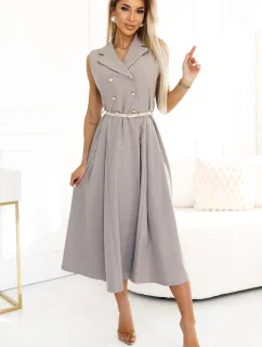 596-2 Elegantná midi košeľa so zlatými gombíkmi a opaskom - GREY BEige