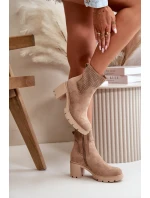 Botki Damskie Na Słupku Zapinane Na Zamek Eko Zamszowe Beżowe Rashmi