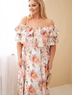 Dámske plus size maxi šaty s volánom na ramenách a elastickým pásom béžovej farby