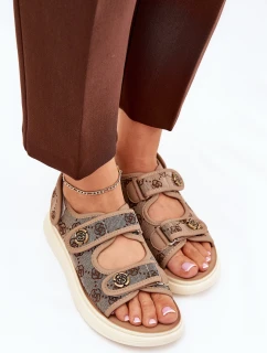 Damskie Wzorzyste Materiałowe Sandały Ze Złotymi Detalami Khaki Pefese