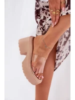 Transparentne Klapki Damskie Na Platformie I Masywnym Obcasie Beżowe Rizana