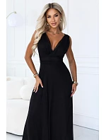 687-1 Elegantné maxi šaty s výstrihom do V a odhalenými chrbtom – čierne