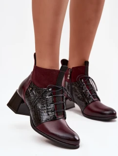 Zazoo 60503 Skórzane Botki Na Obcasie Ocieplane Bordowe