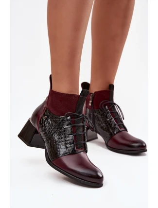 Zazoo 60503 Skórzane Botki Na Obcasie Ocieplane Bordowe