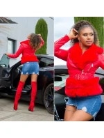 Dámska sexy koženková bunda z umelej kožušiny J930 Červená - In-Stylefashion