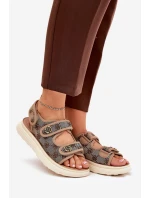 Damskie Wzorzyste Materiałowe Sandały Ze Złotymi Detalami Khaki Pefese