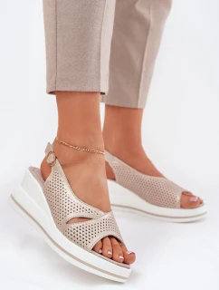 Skórzane Sandały Damskie Na Koturnie S.Barski LR51-660 Złote