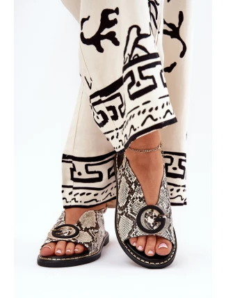 Płaskie Sandały Z Ozdobą Wężowy Wzór Beżowo-Brązowe Haliones