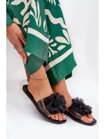 Transparentne Płaskie Klapki Damskie Ze Sztucznym Kwiatem Czarne Vobetta