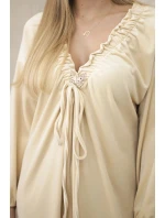 Velúrové šaty s výstrihom do V, svetlo béžové