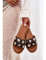 Klapki Damskie Na Płaskim Obcasie Ze Złotymi Przypinkami Czarne Nalothiel