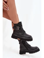 Skórzane Botki Workery Damskie Ocieplane Z Ozdobną Klamrą D&A MK52-032 Czarne
