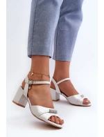 Sandały Damskie Eko Skórzane Na Słupku Z Ozdobami Srebrne Narhi