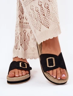 Klapki Damskie Na Platformie Ze Złotą Klamrą Czarne Selira