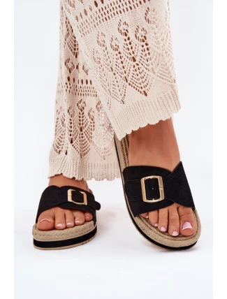 Klapki Damskie Na Platformie Ze Złotą Klamrą Czarne Selira