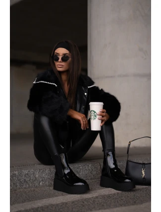 Lakierowane Botki Damskie Na Platformie I Koturnie Ocieplane Czarne Wloedia