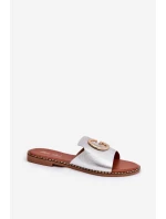 Eko Skórzane Płaskie Klapki Damskie Z Ozdobnym Detalem Srebrne Frelie