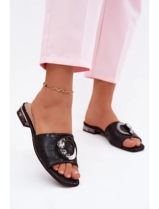 Dámské pantofle na nízkém podpatku s ozdobou KV61-6025 Černé