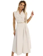 596-1 Elegantná midi košeľa so zlatými gombíkmi a opaskom - BEACH