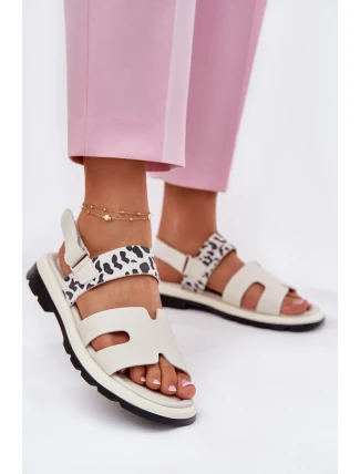 Skórzane Sandały Damskie Na Płaskim Obcasie Panterka Vinceza 66780 Beżowe