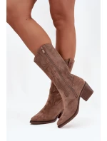 Ażurowe Kozaki Kowbojki Damskie Na Obcasie Ciemnobeżowe Olivette