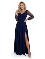 640-3 LORETTA jedinečné dlhé šaty s tylovými rukávmi a výstrihom - tmavomodré