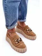 Zamszowe Półbuty Damskie Na Platformie Z Ozdobą Ciemnobeżowe Lewski 3398