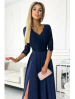 309-6 AMBER elegantné čipkované dlhé šaty s výstrihom - ZELENÉ