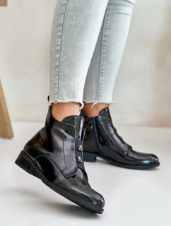 Lakierowane Botki Na Zamek Ocieplane Płaski Obcas S.Barski HY42-717 Czarne