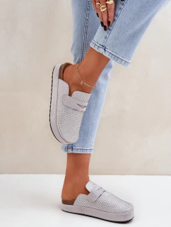 Klapki Damskie Zdobione Cyrkoniami Na Platformie Szare Deorani