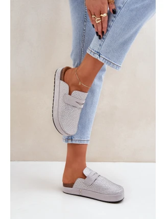 Klapki Damskie Zdobione Cyrkoniami Na Platformie Szare Deorani