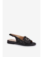 Skórzane Sandały Z Ozdobą Na Płaskim Obcasie S.Barski KV51-096 Czarne