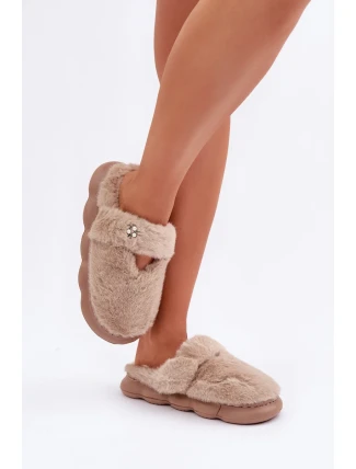 Papuče z umelej kožušiny s malou brošňou Dark Beige Primaria