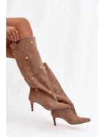 Nazouvací dámské kozačky na podpatku se zlatými ozdobami béžové Thaliane