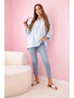 Dámska ľanová blúzka s kvetinovým vzorom, dlhými rukávmi a gombíkmi Modrá