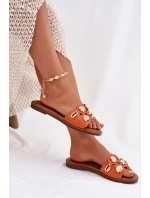 Klapki Damskie Na Płaskim Obcasie Ze Złotymi Przypinkami Pomarańczowe Nalothiel