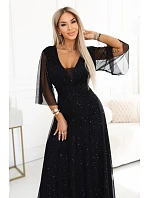 654-5 Dlhé lesklé plus size šaty s výstrihom a priehľadnými rukávmi - čierne