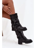 Kozaki Damskie Z Wywiniętą Cholewką Do Połowy Łydki Z Paskiem Czarne Darisa