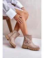 Skórzane Botki Damskie Na Płaskim Obcasie Lewski 3610 Beżowe