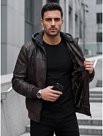 Pánska kožená zateplená bunda s kapucňou, tmavohnedá, FashionStreet TX5140