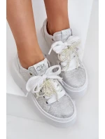 Skórzane Sneakersy Na Platformie CheBello 4658 Srebrne