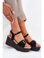 Sandały Damskie Na Koturnie Z Klamrą Czarne Liniella